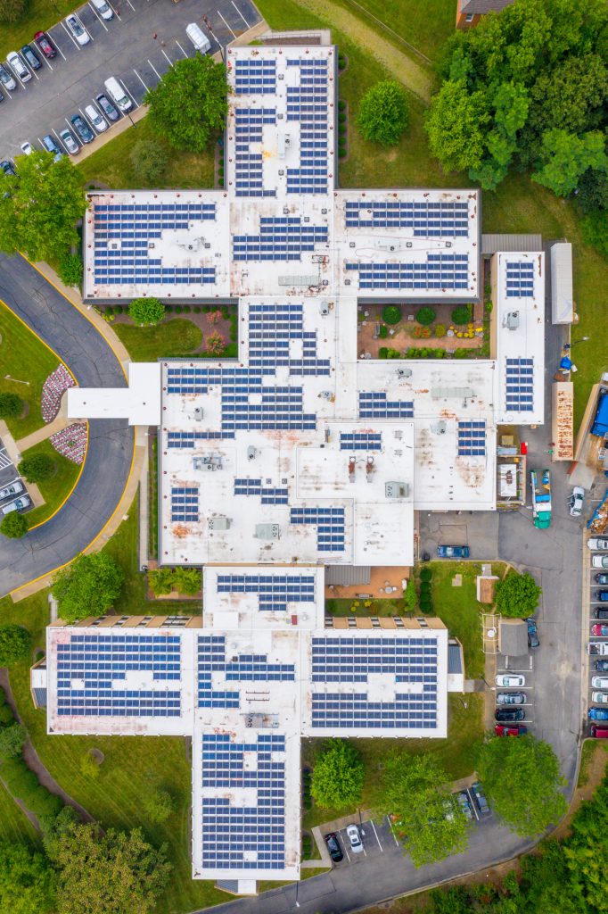 Aerial View of a Roof Mounted Solar Array at the Canterbury Rehabilitation and Healthcare Center in Richmond VA